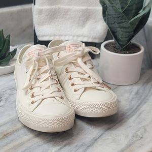 White Leather w/Soft Pink & Rose Gold low Converse, Size 9